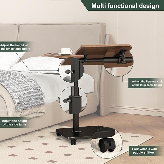 Adjustable Height C Shaped End Table with Wheels,360°Swivel Side Table, Top Tilting Laptop Stand TV Table for Sofa/Bed, Couch Tables that Slide under,Small Coffee Table for Living Room (walnut)