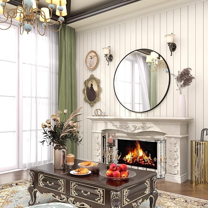 BEAUTYPEAK 32 Inch Round Mirror, Metal Frame Circle Mirror, Wall Mounted for Entryway, Bathroom, Vanity, Living Room, Black