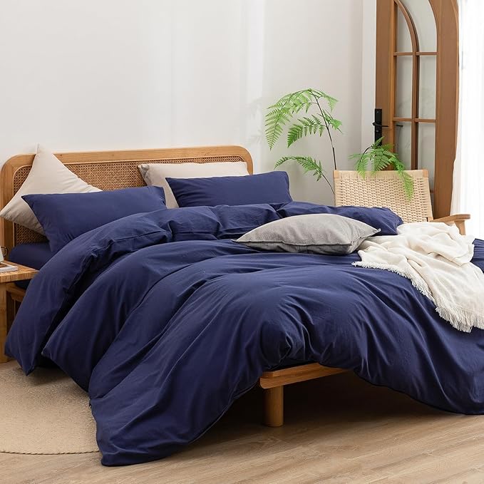 BESTOUCH Duvet Cover Set 100% Washed Cotton Linen Feel Super Soft Comfortable Chic Lightweight 3 PCs Home Bedding Set Solid Navy Blue Super Queen