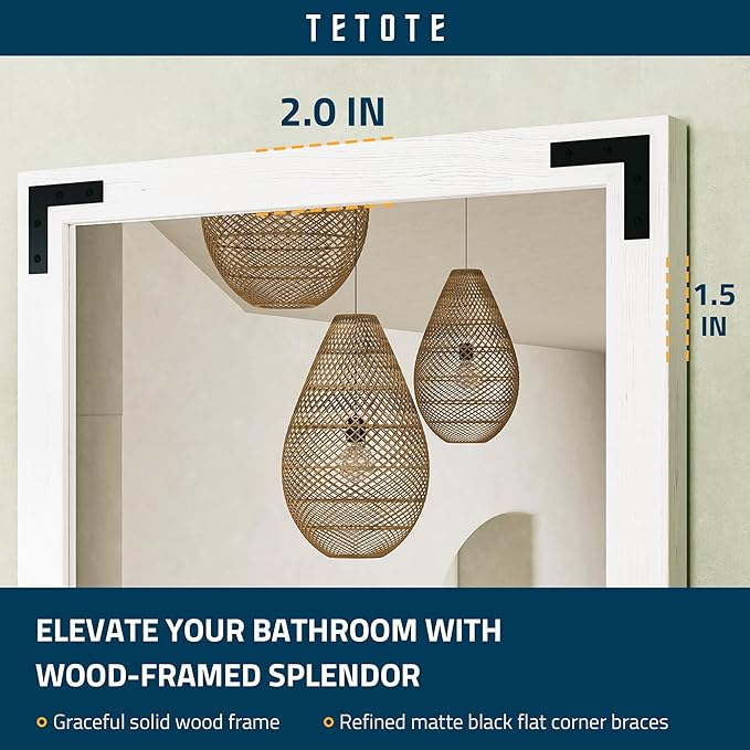 TETOTE 48 x 30 White Wood Mirror for Bathroom Wall/Bedroom/Living Room/Entryway Farmhouse Rustic Bathroom Vanity Mirror for Over Sink Waterproof (Horizontal/Vertical Mounted)
