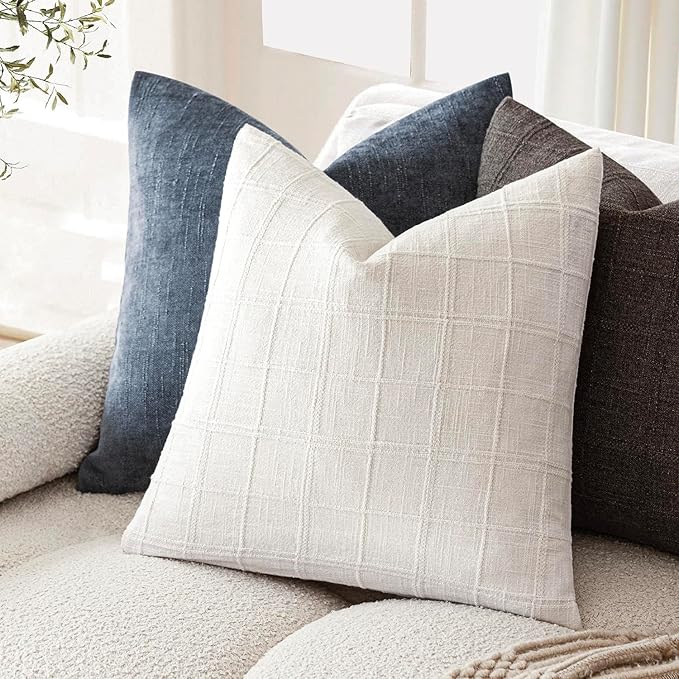 Foindtower Set of 2 Decorative Linen Check Throw Pillow Covers Neutral Farmhouse Vintage Cushion Covers Modern Boho Home Decor for Sofa Chair Couch Bedroom Living Room Outdoor,18×18 Inch,Cream White