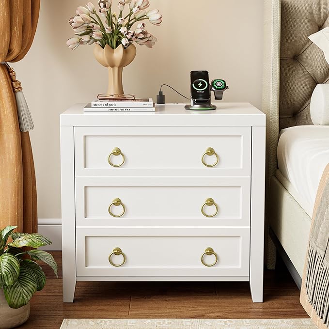 Huuger 23.6 Inch Night Stand with Charger Station and USB-C Port, 3 Drawer Nightstand, Larger Wider Bedside Table, Modern Side End Table, for Bedroom, White Nightstand