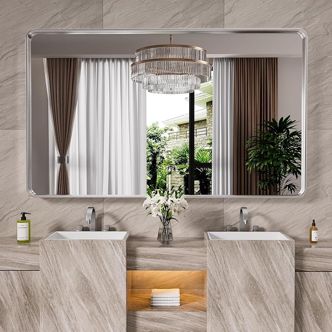 Brushed Nickel Bathroom Mirror 50x30 Inch, Brushed Silver Metal Frame Mirror Wall Mounted, Rounded Rectangle Bathroom Vanity Mirror, Tempered Glass, Anti-Rust, Horizontal/Vertical