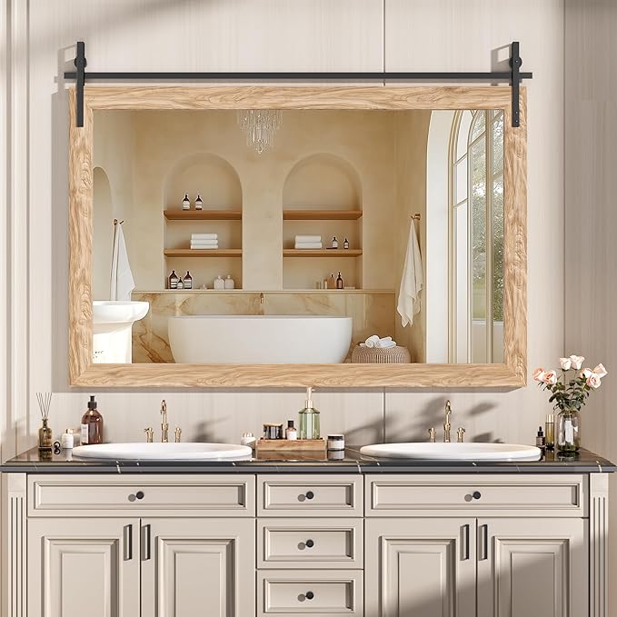 Hasipu Farmhouse Bathroom Mirror, 55"x36" Rustic Wood Framed Wall Mounted Mirror, Brown Vintage Vanity Mirror Barn Door Style Decrative Mirrors