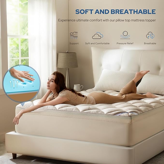 Bedlore 4-Inch Queen Mattress Topper for Back Pain - Dual Layer Medium Support (2" Gel Memory Foam + 2" Cooling Fluffy Pillow Top Pad), Breathable & Pressure Relief (Beige)