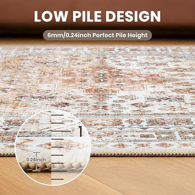 zesthome 7x9 Area Rug, Super Soft Washable Rugs for Living Room, Non-Slip Stain Resistant Vintage Rugs, Ultra-Thin Large Area Rugs (Orange,7'x9')