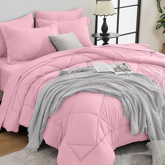 HEVUMYI Pink Full Comforter Set - 7-Piece All Season Bed in a Bag Full, Ultra Soft Bedding Set with Comforter, Flat Sheet, Fitted Sheet, Pillowcases, Pillow Shams, Pink