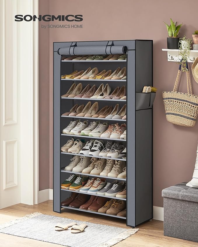 SONGMICS Shoe Rack with Non-Woven Fabric Cover, 9 Tier Storage Shelf for 40-50 Pairs of Shoes, Entryway, Suitable for Sneakers, High Heels, Flats, and Boots, Grey RXJ36G01