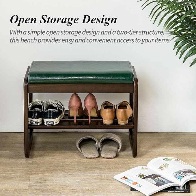 Shoe Bench, Entryway Bench with Leather Cushion, Solid Wood Shoe Rack, Mid Century Modern Bench, Shoe Storage, Shoe Organizer for Entryway (Grey, 21.7" W)
