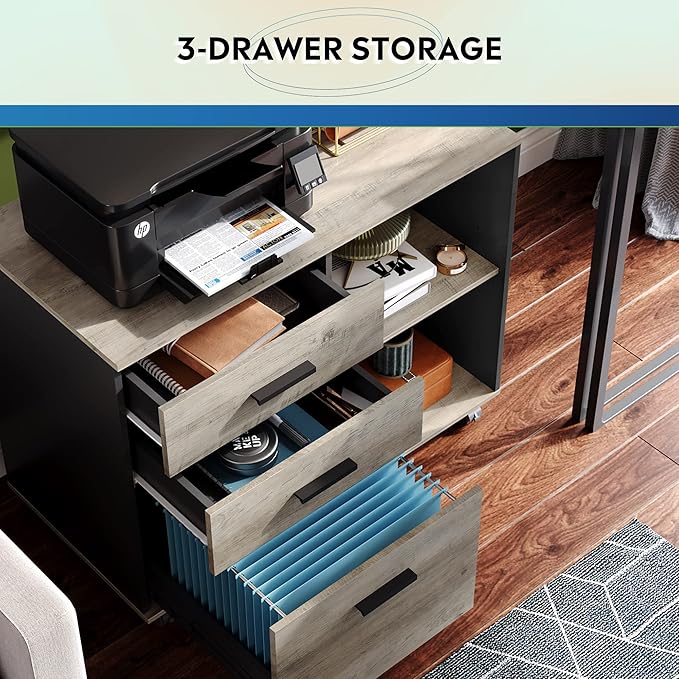 DEVAISE 3 Drawer Mobile File Cabinet, Wood Lateral Filing Cabinet, Printer Stand with Open Shelves for Home Office, Greige