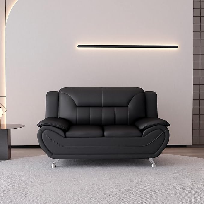 Container Furniture Direct Michael Modern Faux Leather Upholstered Stainless Steel Legs Living Room Sofa, Loveseat, Midnight
