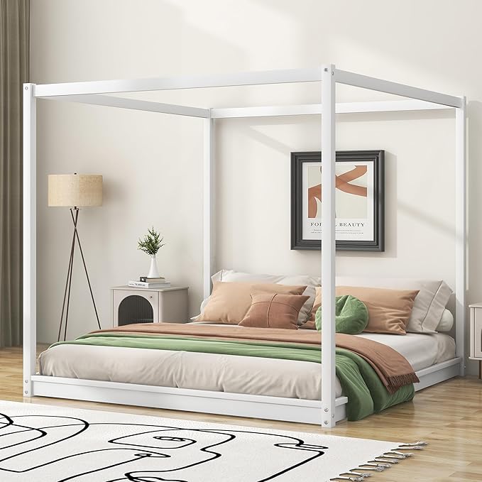 King Size Canopy Platform Bed with Support Legs,Solid Wood Bed Frame,4-Post Canopy-Platform-Bed for Kids Teens Adults, No Box Spring Needed,White