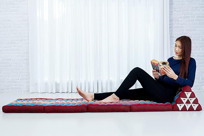 Leewadee Comfortable Japanese Floor Mattress - Thai Floor Bed with Triangle Cushion - Futon Mattress - XL Extra Long Thai Massage Mat, 89 x 20 inches, Blue Red, Kapok Filling