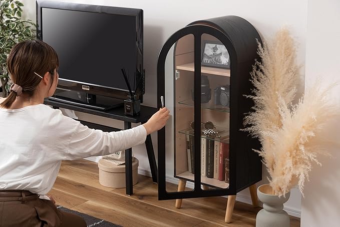 PaletteLife Arched Figurine-Case 4 Tier Collection Shelf, Oak Wood Grain with Glass Door and 2 Movable Glass Shelves, No Mirror, Black, PT-621BK