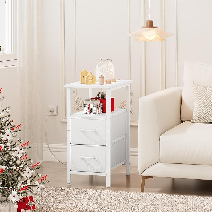 Vagusicc End Table with Charging Station Set of 2, Narrow Side Table, 23.8'' Tall Nightstand with 2 Drawers, Small Sofa Side Table Narrow Nightstand for Small Spaces, Living Room, Bedroom, White