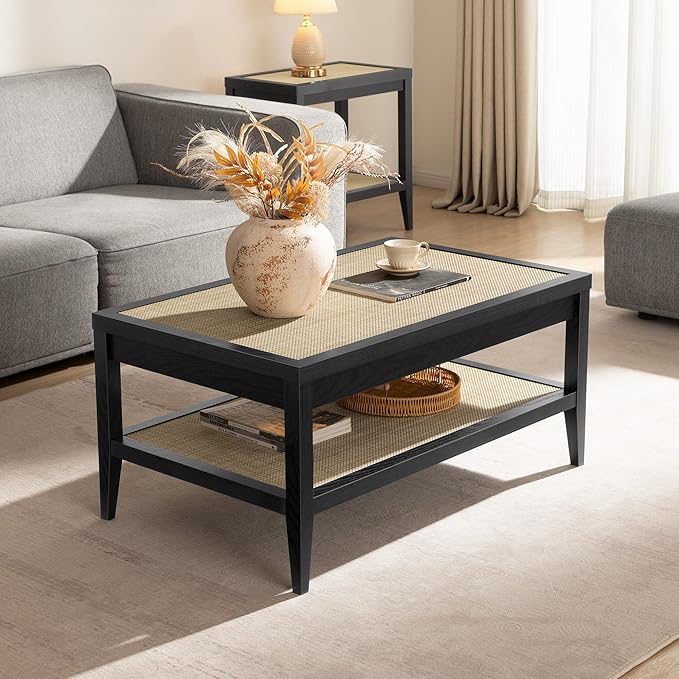 SICOTAS Rectangle Coffee Table for Living Room, Farmhouse Boho Center Table with 2-Tier Rattan Storage Shelves, Sofa Side Accent Table for Small Space, Black Oak
