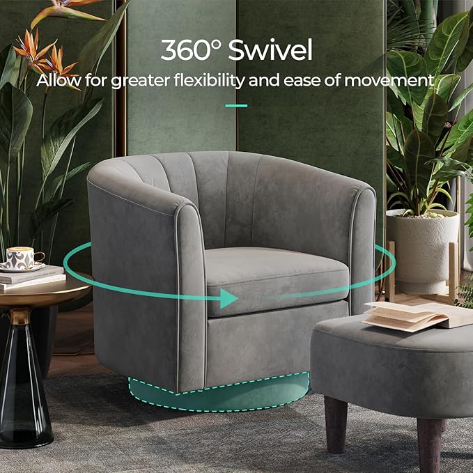 LINSY Swivel Accent Chair with Ottoman: Small Velvet Barrel Chair 360 Swivel Modern Armchair, Upholstered Reading Chair with Footrest for Living Room Bedroom Study Room (Grey)