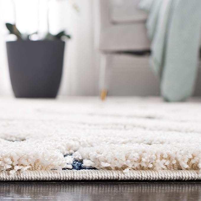 SAFAVIEH Florida Shag Collection Runner Rug - 2'3" x 9', Cream & Blue, Scroll Design, Non-Shedding & Easy Care, 1.2-inch Thick Ideal for High Traffic Areas in Living Room, Bedroom (SG455-1165)