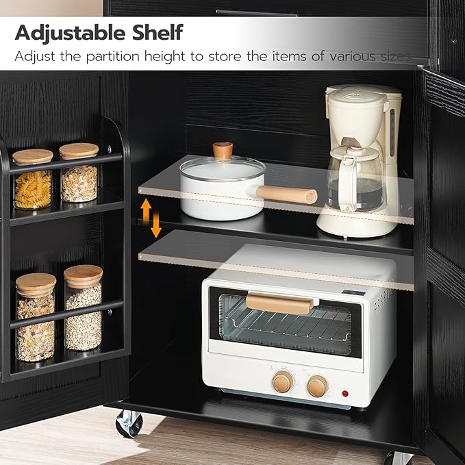 HOOBRO Kitchen Island with Power Outlet, Kitchen Island Storage Island with Large Worktop, Spice Rack and Drawer, Rolling Kitchen Cart on Wheels, for Kitchen and Dining Room, Rustic Brown and Black