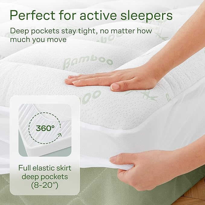 Ultra Soft Queen RV Size Mattress Topper - Viscose Made from Bamboo Pillow Top Mattress Pad for Back Pain Relief - Naturally Cooling for Hot Sleepers, Green