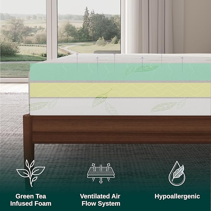 NapQueen Twin Size Green Tea Infused Memory Foam Mattress, 12 Inch, CertiPUR-US Certified