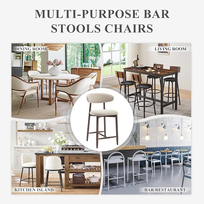 COLAMY Counter Height Bar Stools Set of 2, Kitchen Bar Stools with Back, Mid Century Modern Upholstered, with Wood Legs for Kitchen Island Dining Room, Beige