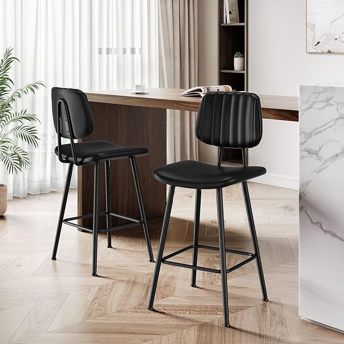 24-Inch Leather Bar Stools, Counter Height Barstools with High Backrest，Bar Chairs for Kitchen Island with Heavy Duty Metal Legs, Black