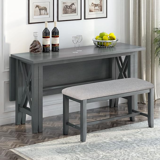 Ball & Cast 6-Piece Dining Table Set, 60" Wood Dining Kitchen Table & Chairs Set, Rectangular Dining Room Foldable Table with 4 Upholstered Chairs & 1 Bench,Perfect for Dining Room, Kitchen, Gray