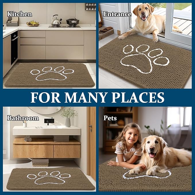 OLANLY Door Mat for Muddy Dog Paws 30x20, Ultra Absorbent Chenille Mud Doormat with Paw Print Design, Non-Slip Washable Doormat for Indoor Entryway, Quick-Dry Pet Bed Mats for Dirty Dogs, Tan