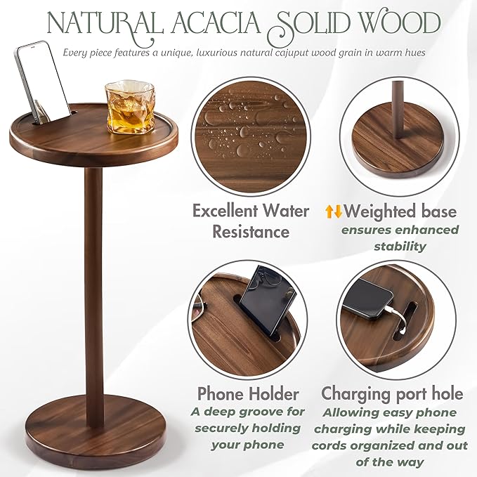 Drink Table, 24.4" Tall Compact Side Table with Phone Slot and Weighted Base, Durable Pedestal Table Accent for Living Room (Flat, Walnut)