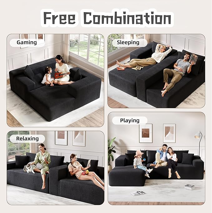 Cloud Sectional Couch, 104”L-Shape Oversized Sofa with Right Chaise Lounge, Modular Sleeper Couch with Pillows & Deep Seat, Rain Drop Velvet Fabric Compressed Sofa for Living Room, Black