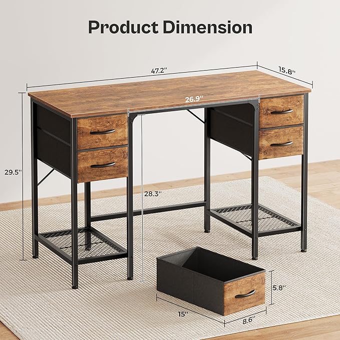 Huuger 47 Inch Computer Desk with 4 Drawers, Office Desk with Mesh Shelf, Gaming Desk, Large Storage, Writing Work Desk for Home Office, Study, Bedroom, Work from Home, Rustic Brown