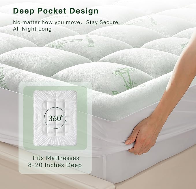 Anluoer Memory Foam Mattress Topper California King for Back Pain, Rayon Derived from Bamboo Pillow Top Mattress Topper for Hot Sleepers,Thick Mattress Pad with 8-21" Deep Pocket, 72x84 Inches, White