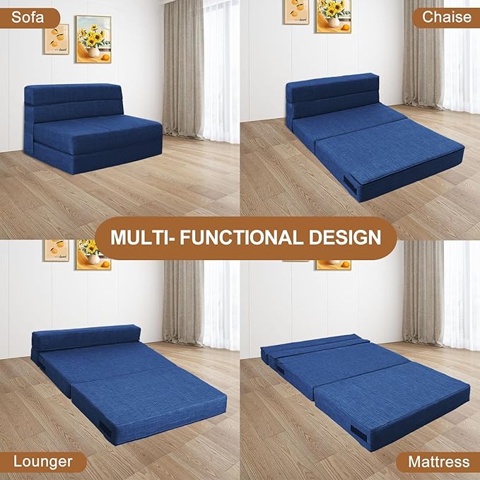 60 Inch Folding Sofa Couch Memory Foam with Pillow Convertible Sleeper Mattress Futon Lazy for Living Room，Washable Cover，Queen Size，Dark Blue