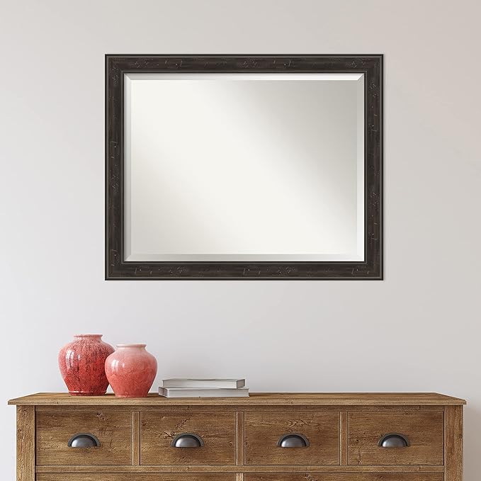 Amanti Art Brown Bathroom Mirror for Over Sink, 26x32 Shipwreck Greywash Narrow Rectangle Vanity Mirror, Large Traditional Frame, Hangs Horizonally and Vertically, Bathroom Wall Decor, Beveled Edge
