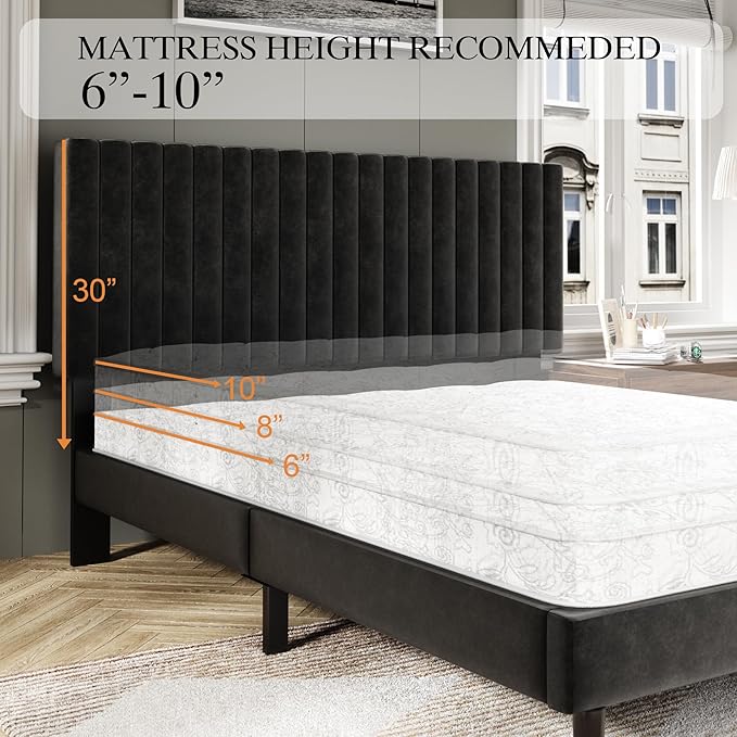 Queen Size Bed Frame with Velvet Upholstered Headboard, Platform Bed with Strong Wood Slats, Mattress Foundation, Box Spring Optional, Easy Assembly, Black
