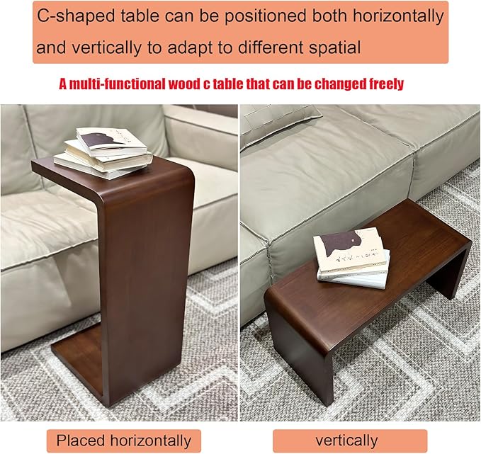 C Shaped End Table, Solid Wood C Side Table for Couch Sofa and Bed, Sofa Tables That Slide Under for Space Saving, Small Snack C Tables for Living Room Bedroom (H 24.4″ - Brown, 2)