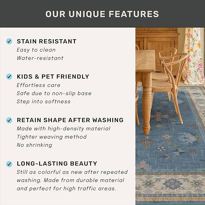 Blue 2x3 Washable Rug for Entryway Indoor, Kitchen Floor Waterproof, Bathroom, Powder Room, Non Slip Low Pile Stain & Fade Resistant, Modern Eclectic Floral Decor