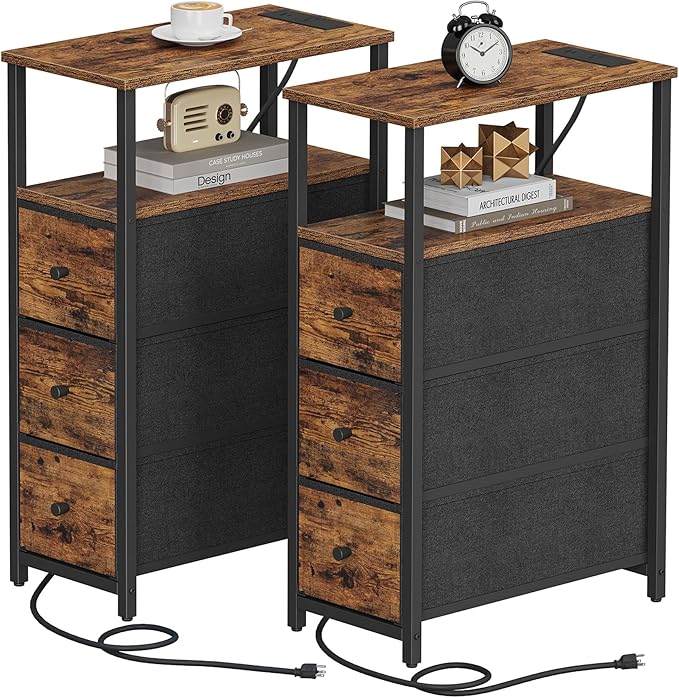 TUTOTAK Narrow Night Stand with Charging Station, Slim End Table with Plugins, Tall Side Table with 3 Fabric Drawer, Small Bedside Table with Storage, Set of 2, Living Room, Bedroom, Brown TB01BB073