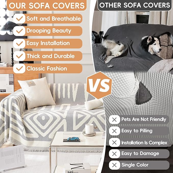 STACYPIK Durable Chenille Gray Beige Sofa Cover Boho Triangle Slipcover Furniture Protector Washable Armchair Couch Cover for 2 Cushion Couch Non-Slip Jacquard Sofa Protector Pet Friendly-71X90IN