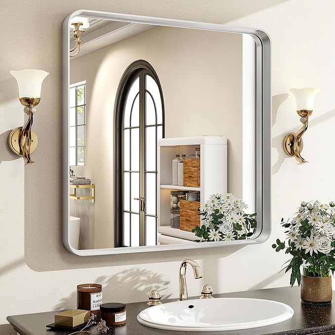30"x 30" Silver Bathroom Mirror - Aluminum Framed Wall Mirror, Bathroom Wall Mounted Vanity Mirror, Modern Bathroom Mirror, Bedroom, Living Room Wall Mirror, Hang Horizontally or Vertically