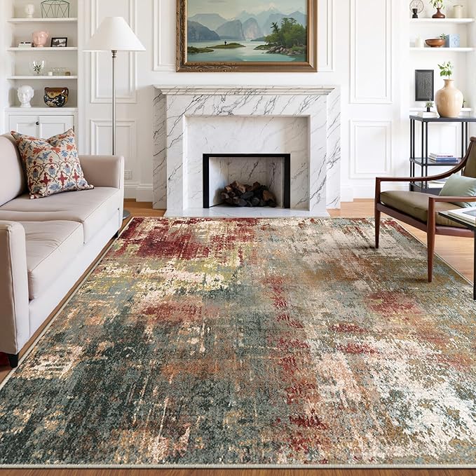Washable Area Rugs 5'x7' Non-Slip Modern Abstract Soft for Living Room Entryway Bedroom Nursery, Print Pattern, Brown Rust Red Multi