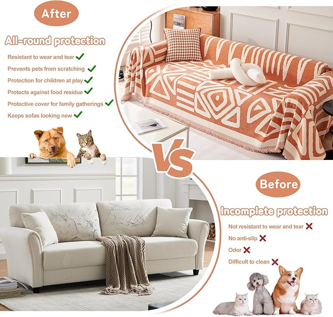 HANDONTIME Orange Sofa Covers for Loveseat, 3 Cushion Couch, Boho Style, Soft Chenille, Dog-Friendly, Thick Washable, 91" X134"