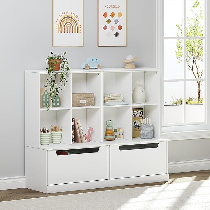 UTEX Kids Bookshelf and Toy Storage Organizer, Toddlers Bookcase with Cubbies, Adjustable Wood Shelf with Drawer for Bedroom, Playroom, Nursery, White
