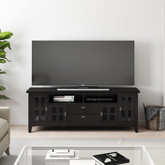 SIMPLIHOME Artisan SOLID WOOD 72 Inch Wide Transitional TV Media Stand in Hickory Brown for TVs up to 80 Inches, For the Living Room and Entertainment Center