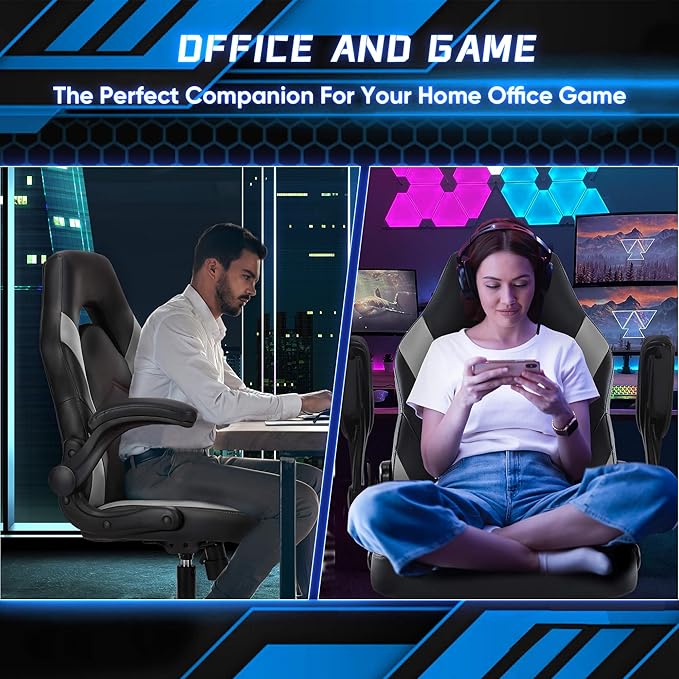 OLIXIS Big and Tall Office Desk Leather Gaming Computer Chair with Adjustable Swivel Task and Flip-up Arms for Adults, Teens, Grey