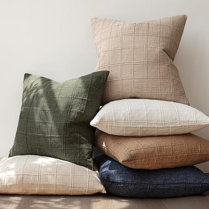 Foindtower Set of 2 Decorative Linen Check Throw Pillow Covers Neutral Farmhouse Vintage Cushion Covers Modern Coastal Boho Home Decor For Sofa Chair Couch Bedroom Living Room Outdoor,22×22 Inch,Camel