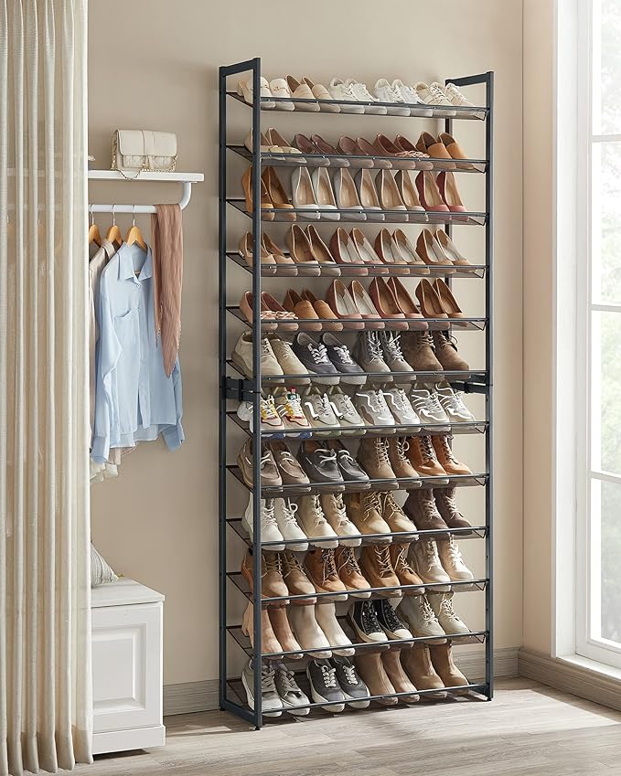 SONGMICS 12-Tier Stackable Shoe Shelf Set, Metal Shoe Storage for Garage, Entryway, with Adjustable Shelves, Hold 48-60 Pairs, Cool Gray ULMR12G01