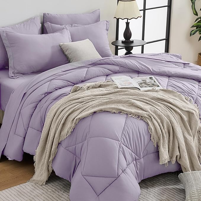 HEVUMYI Purple Twin-XL Comforter Set - 5-Piece All Season Bed in a Bag Twin-XL, Ultra Soft Bedding Set with Comforter, Flat Sheet, Fitted Sheet, Pillowcases, Pillow Shams, Lavender Purple