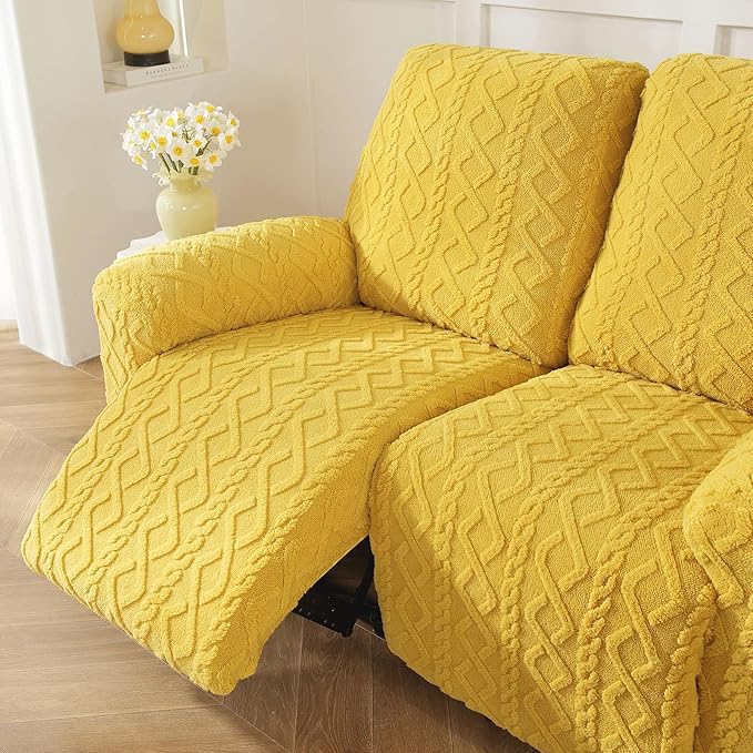 vctops 8 Pieces Geometric Jacquard Plush Recliner Sofa Covers Soft Fuzzy Fluffy 3 Seats Couch Cover Anti-Slip Sofa Slipcover Furniture Protector with Elastic Bottom for Kids Pet(Yellow,3 Seat)